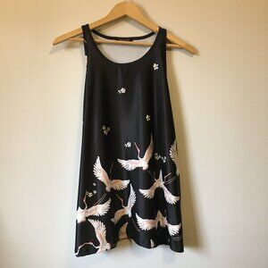 Black Sleeveless Pink and White Crane Tank Top